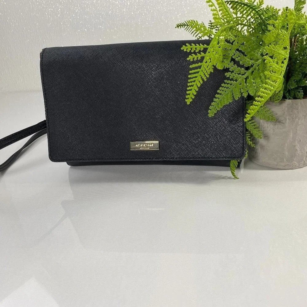 Kate Spade New York Black Saffiano Leather Crossbody Bag Gold Hardware Flap Bag